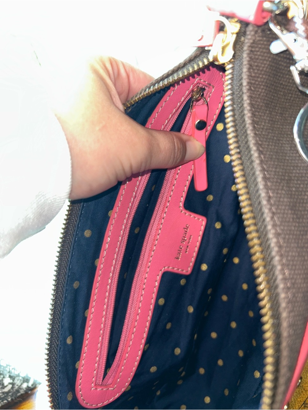 Vintage Kate Spade Mini Bag Brown Canvas with Pink Leather Trim & HelloKitty Tag - Picture 14 of 16